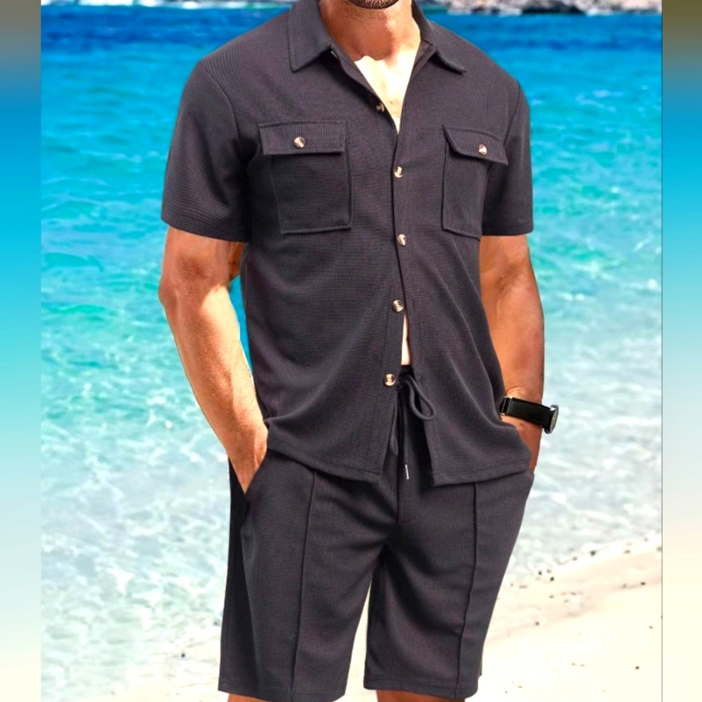 Men's Black Button Down Shirt and Shorts Set